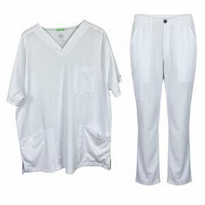 HH Works by Healing Hands Mens L Medical Uniform‎ Stretch V-Neck White Scrub Set